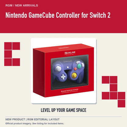 Nintendo GameCube Controller for Switch 2, retro pixel product showcase.