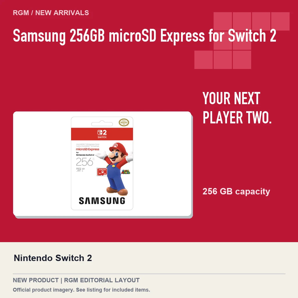 Samsung 256GB microSD Express for Switch 2, red editorial product layout.