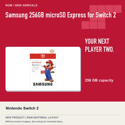 Samsung 256GB microSD Express for Switch 2, red editorial product layout.