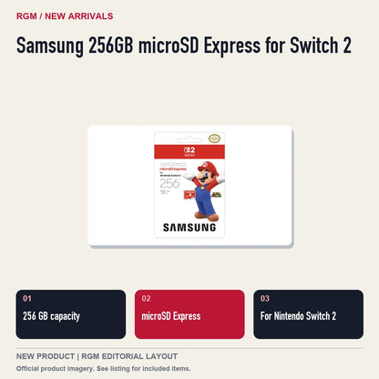 Samsung 256GB microSD Express for Switch 2, three feature highlights.