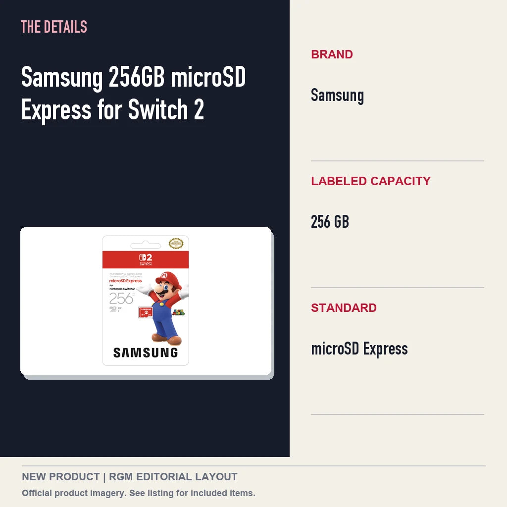 Samsung 256GB microSD Express for Switch 2, specifications and product image.