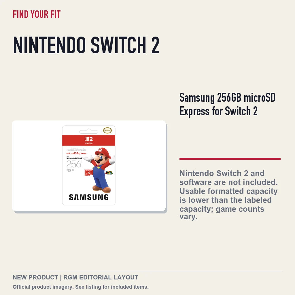 Samsung 256GB microSD Express for Switch 2, platform and compatibility guide.