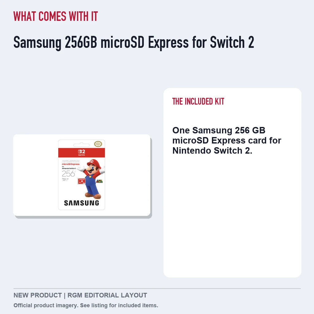 Samsung 256GB microSD Express for Switch 2, included contents guide.