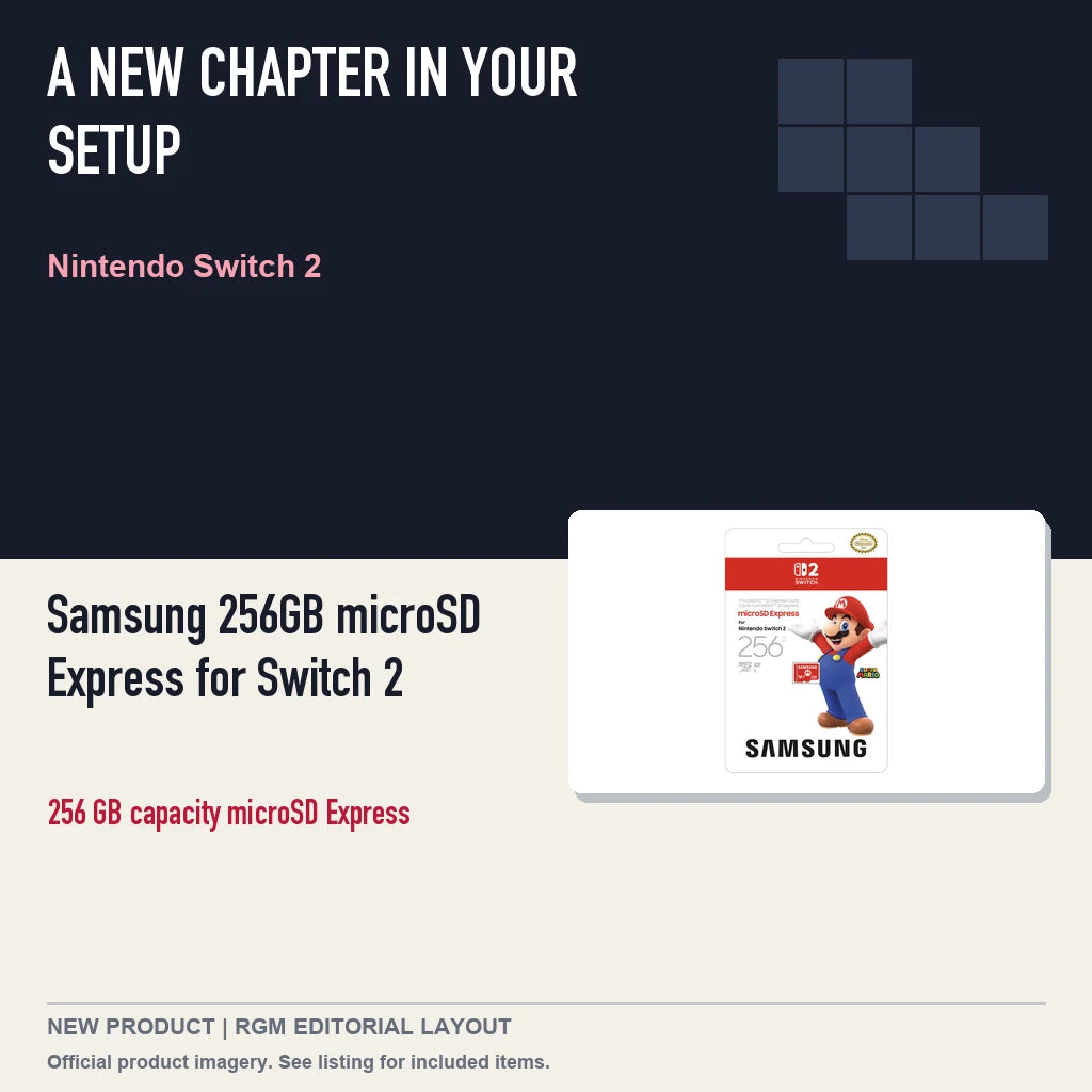 Samsung 256GB microSD Express for Switch 2, editorial gaming setup layout.