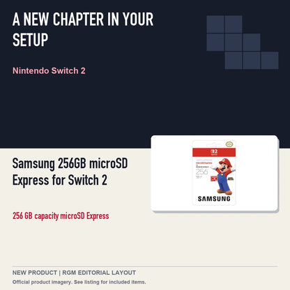 Samsung 256GB microSD Express for Switch 2, editorial gaming setup layout.