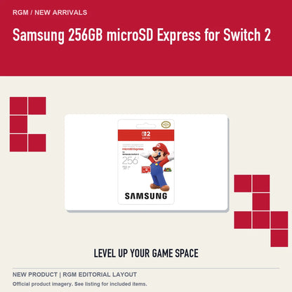 Samsung 256GB microSD Express for Switch 2, retro pixel product showcase.