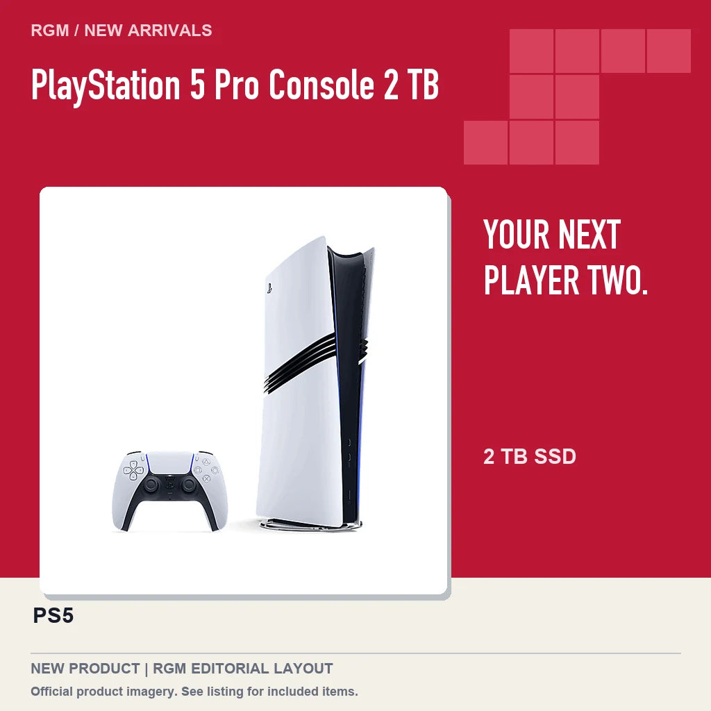 PlayStation 5 Pro Console 2 TB, red editorial product layout.