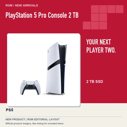 PlayStation 5 Pro Console 2 TB, red editorial product layout.