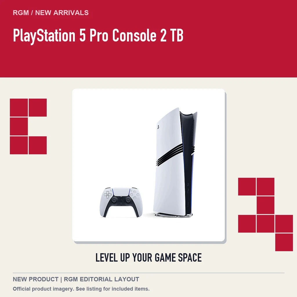 PlayStation 5 Pro Console 2 TB, retro pixel product showcase.