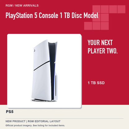PlayStation 5 Console 1 TB Disc Model, red editorial product layout.