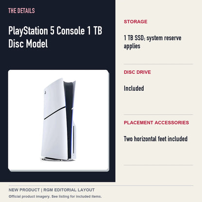 PlayStation 5 Console 1 TB Disc Model, specifications and product image.