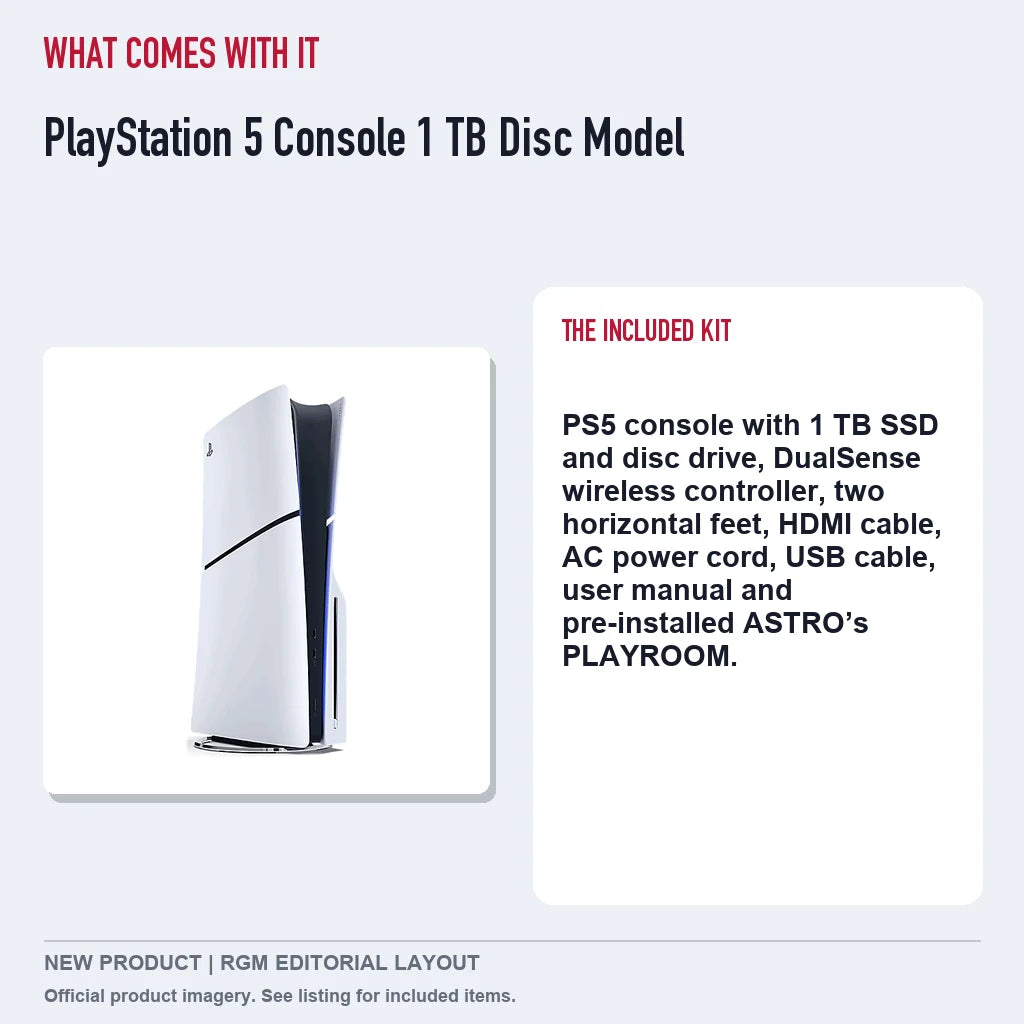 PlayStation 5 Console 1 TB Disc Model, included contents guide.