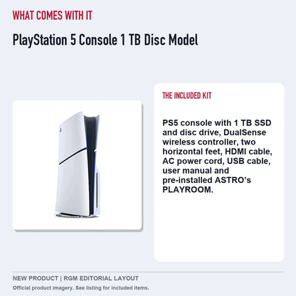 PlayStation 5 Console 1 TB Disc Model, included contents guide.