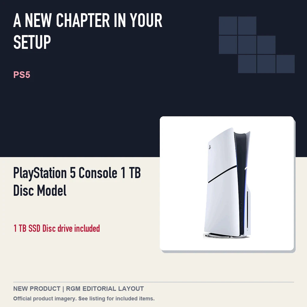 PlayStation 5 Console 1 TB Disc Model, editorial gaming setup layout.