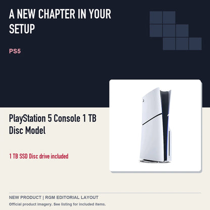 PlayStation 5 Console 1 TB Disc Model, editorial gaming setup layout.