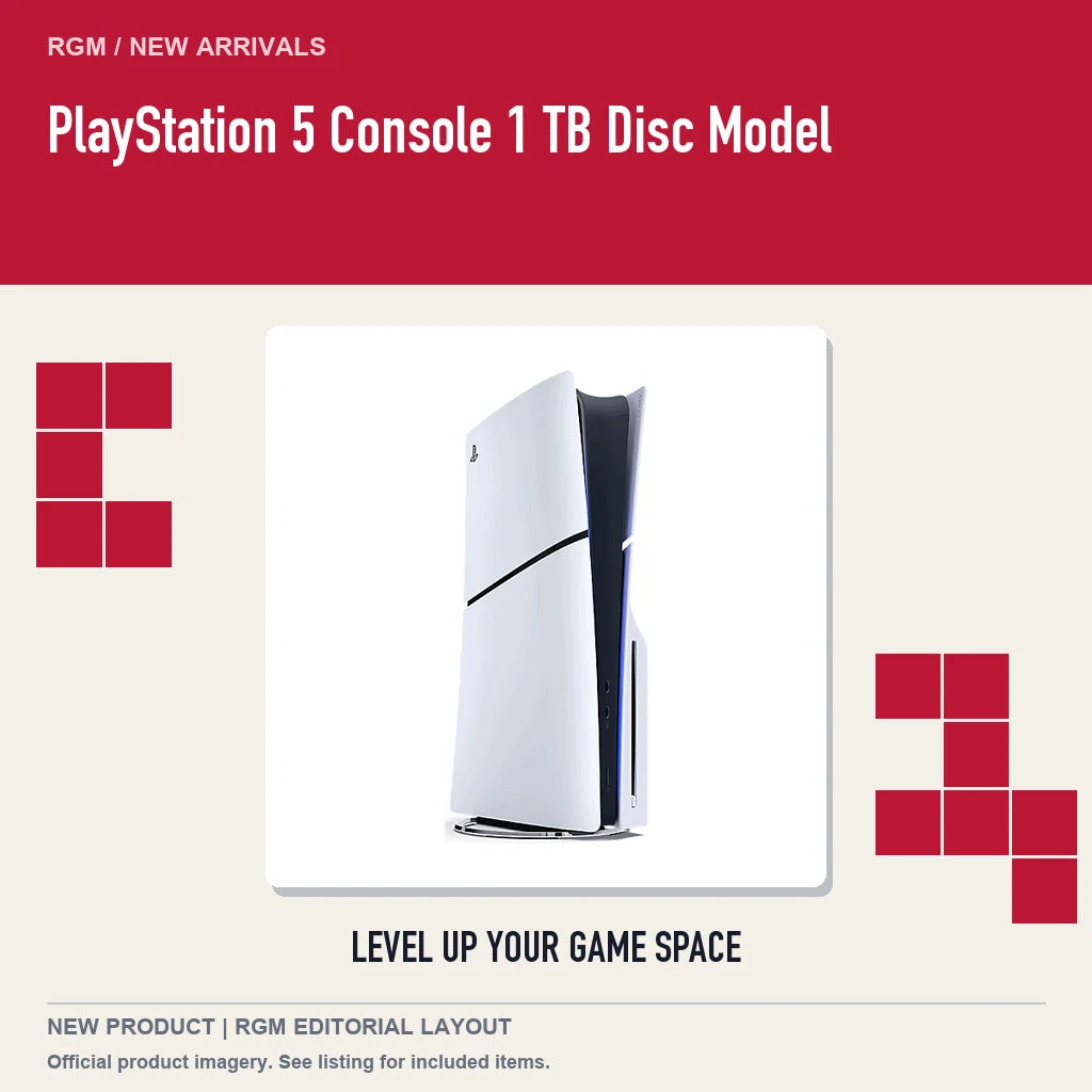 PlayStation 5 Console 1 TB Disc Model, retro pixel product showcase.