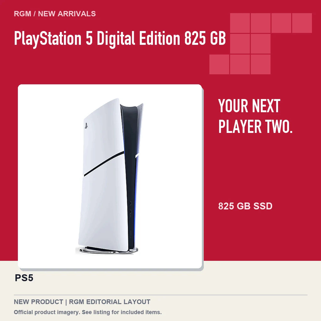 PlayStation 5 Digital Edition 825 GB, red editorial product layout.