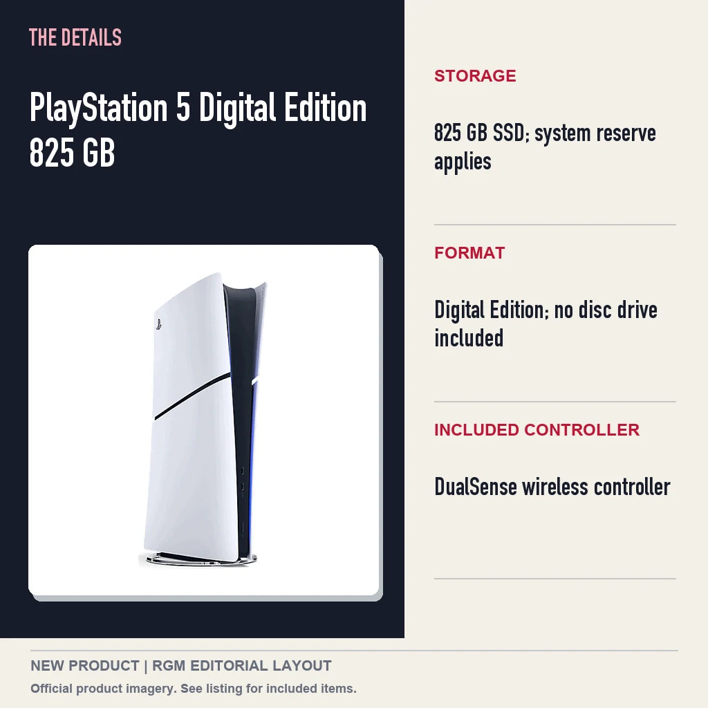 PlayStation 5 Digital Edition 825 GB, specifications and product image.
