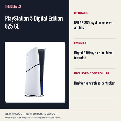 PlayStation 5 Digital Edition 825 GB, specifications and product image.