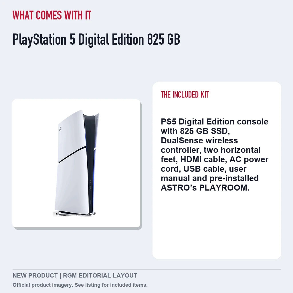PlayStation 5 Digital Edition 825 GB, included contents guide.