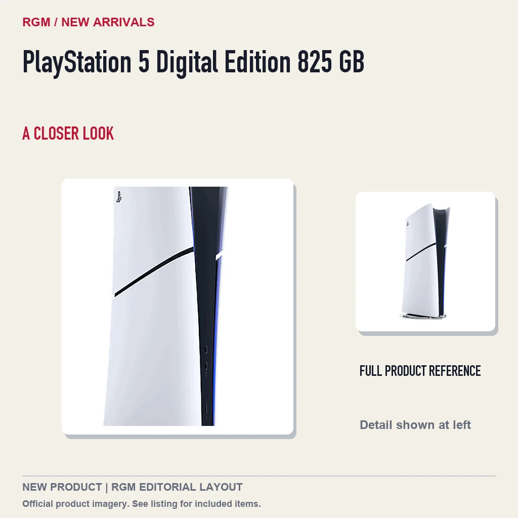 PlayStation 5 Digital Edition 825 GB, full product reference with detail crop.