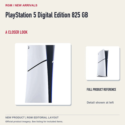 PlayStation 5 Digital Edition 825 GB, full product reference with detail crop.
