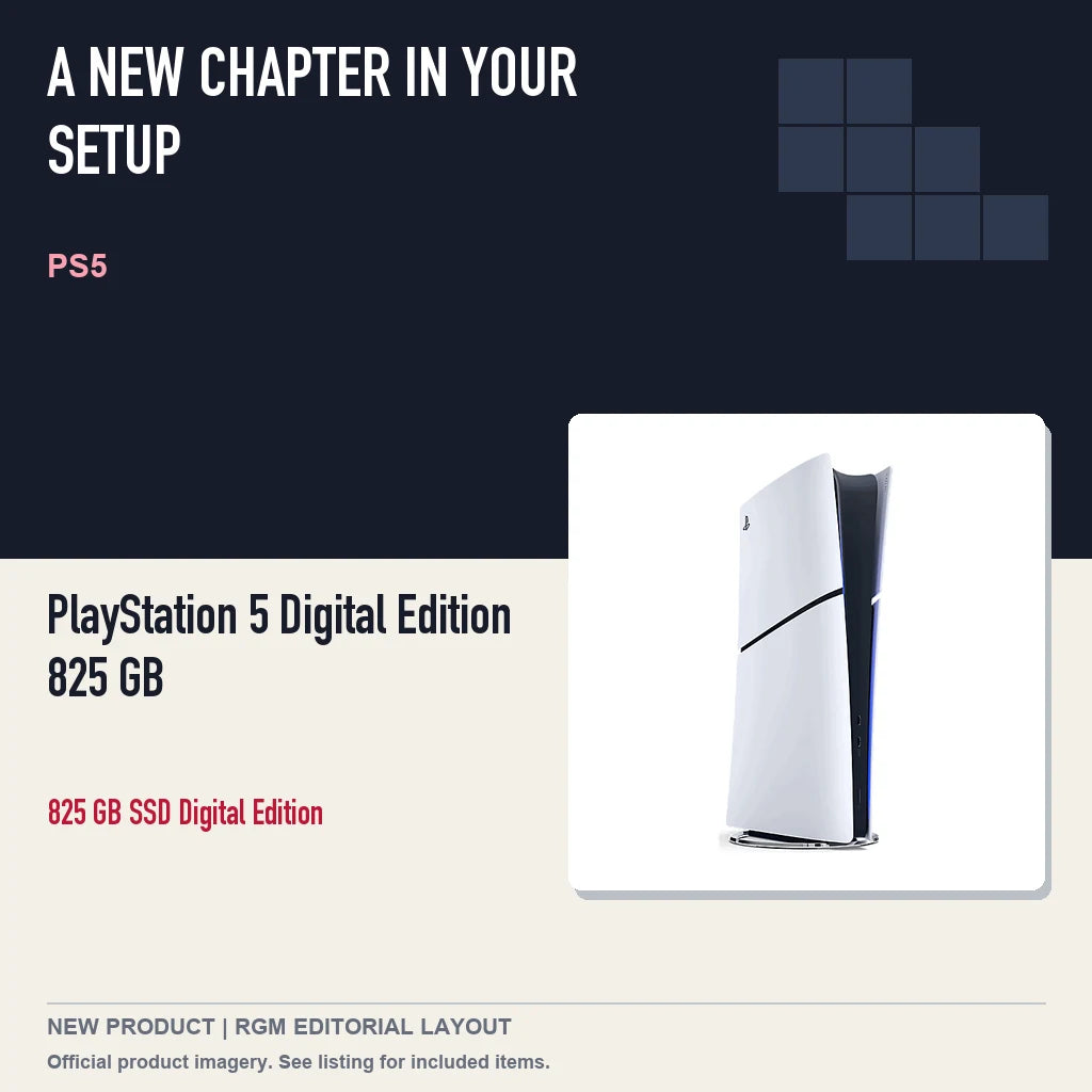 PlayStation 5 Digital Edition 825 GB, editorial gaming setup layout.