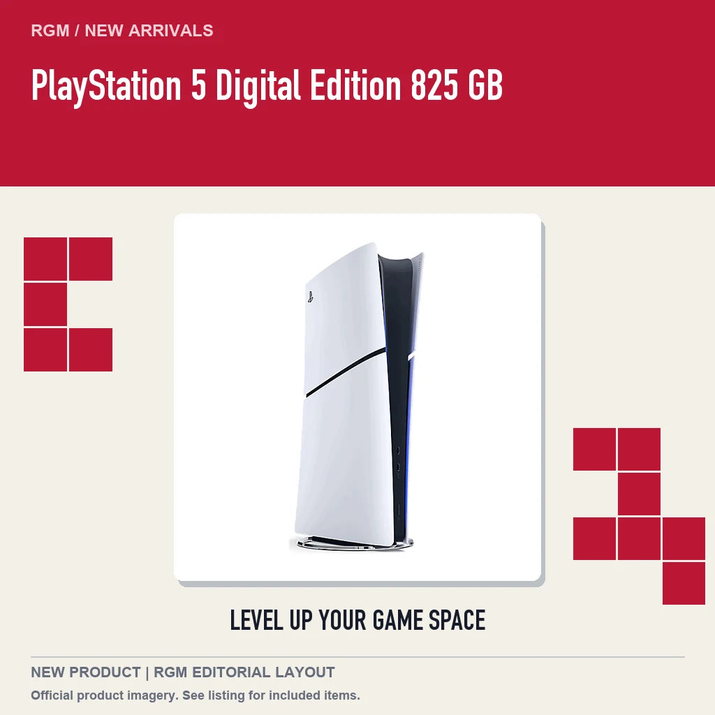 PlayStation 5 Digital Edition 825 GB, retro pixel product showcase.