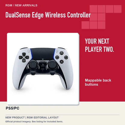 DualSense Edge Wireless Controller, red editorial product layout.