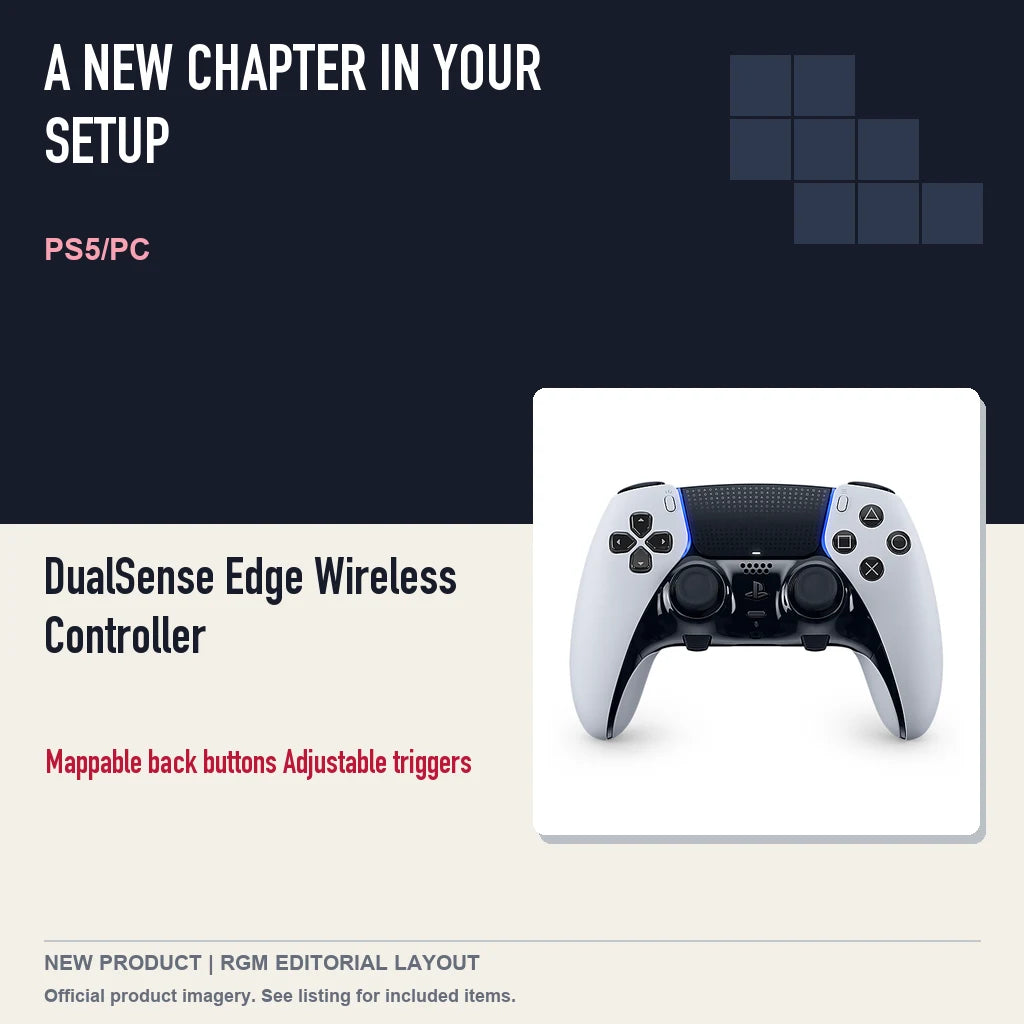 DualSense Edge Wireless Controller, editorial gaming setup layout.