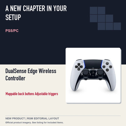 DualSense Edge Wireless Controller, editorial gaming setup layout.