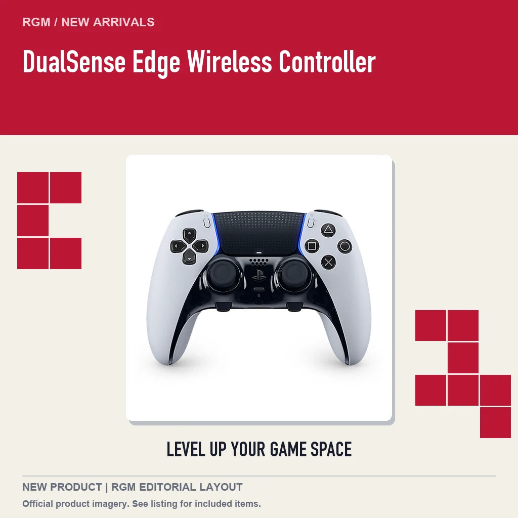 DualSense Edge Wireless Controller, retro pixel product showcase.