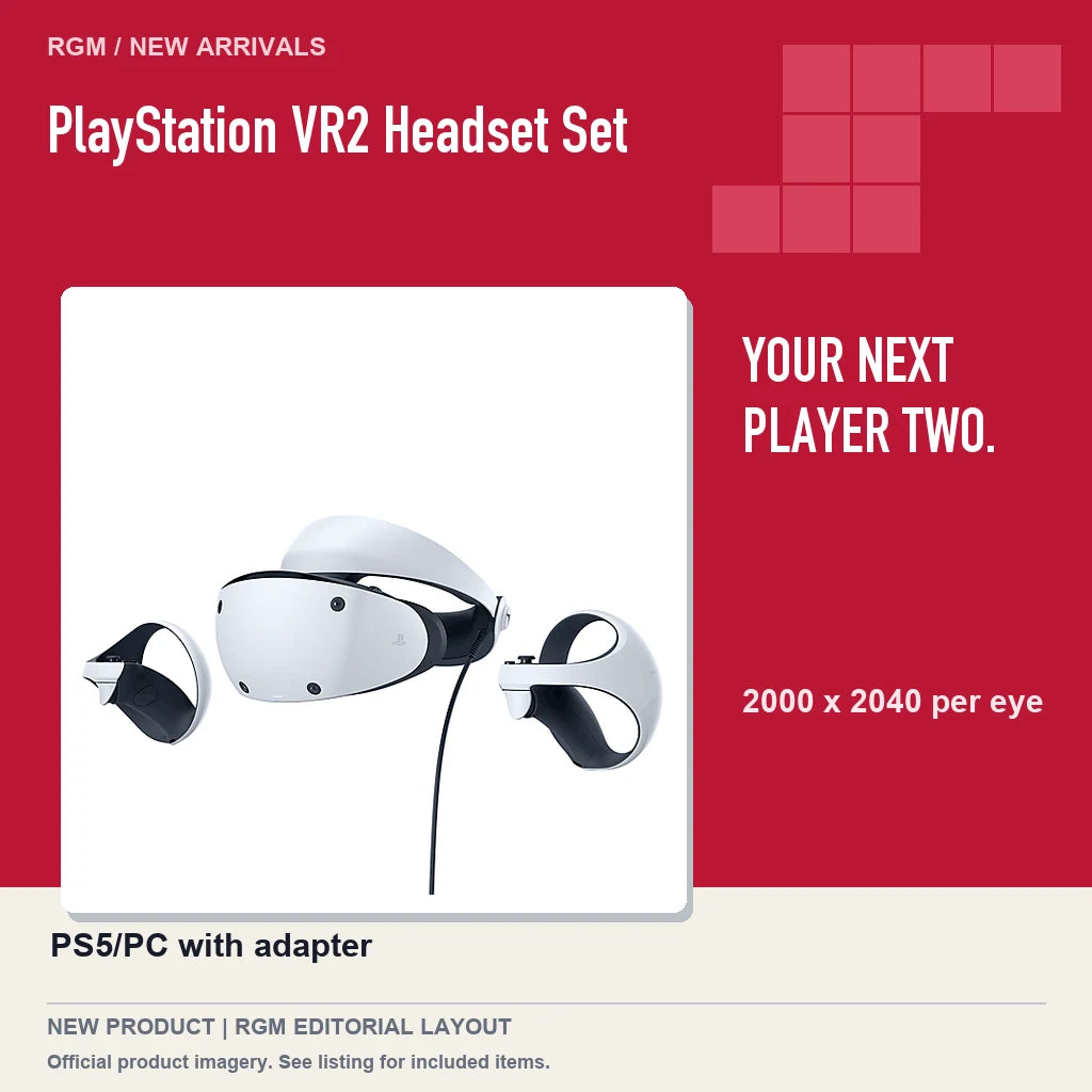 PlayStation VR2 Headset Set, red editorial product layout.