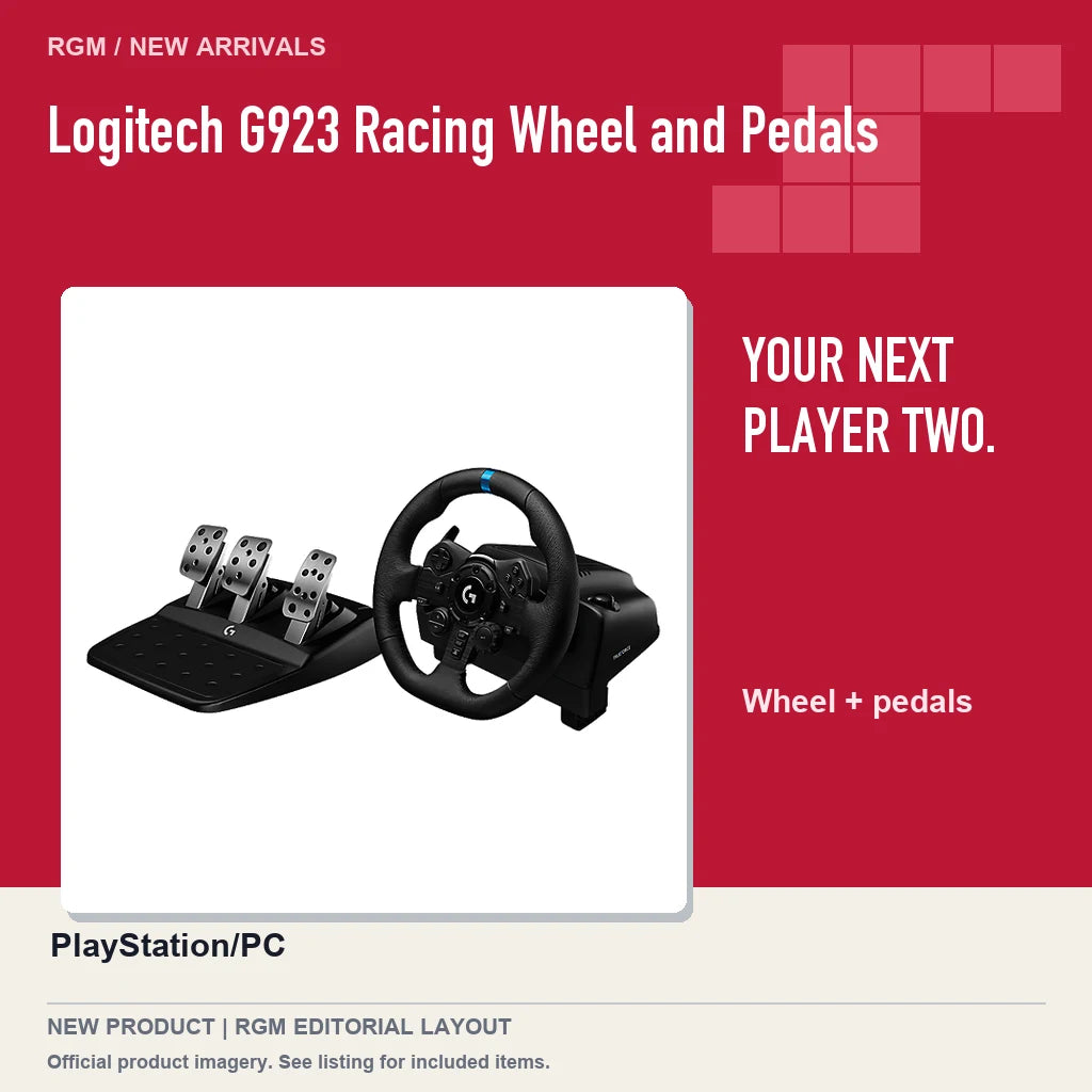 Logitech G923 Racing Wheel and Pedals, red editorial product layout.