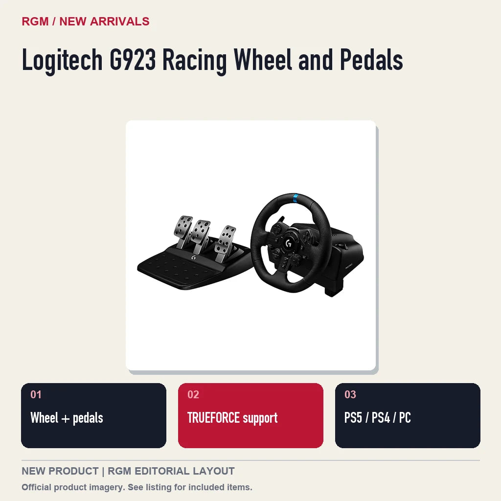 Logitech G923 Racing Wheel and Pedals, three feature highlights.