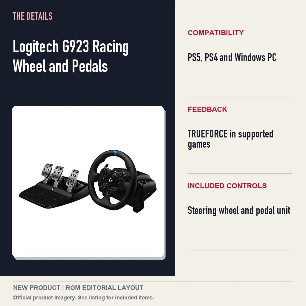 Logitech G923 Racing Wheel and Pedals, specifications and product image.