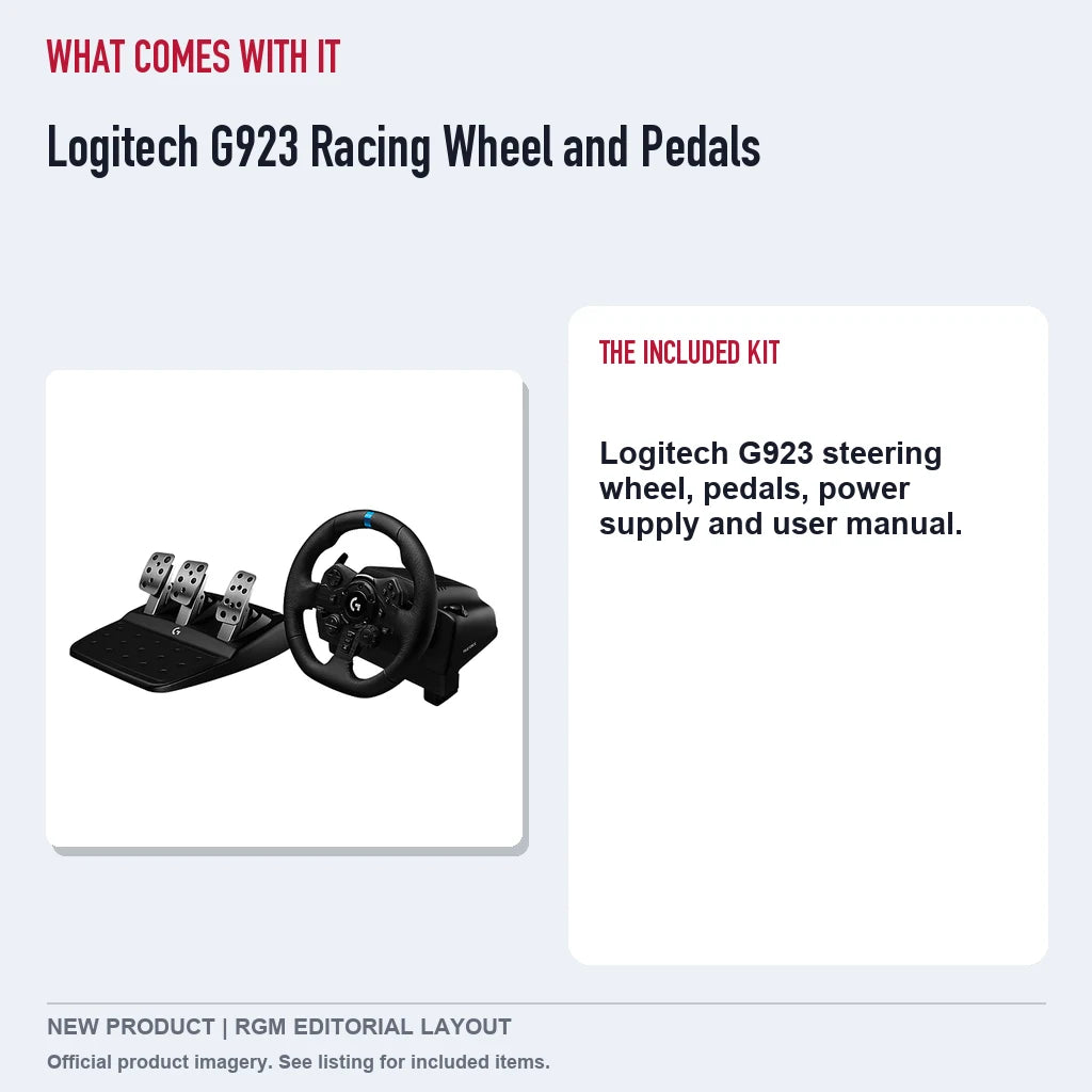 Logitech G923 Racing Wheel and Pedals, included contents guide.