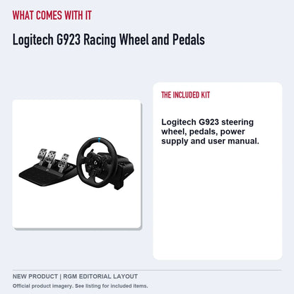 Logitech G923 Racing Wheel and Pedals, included contents guide.