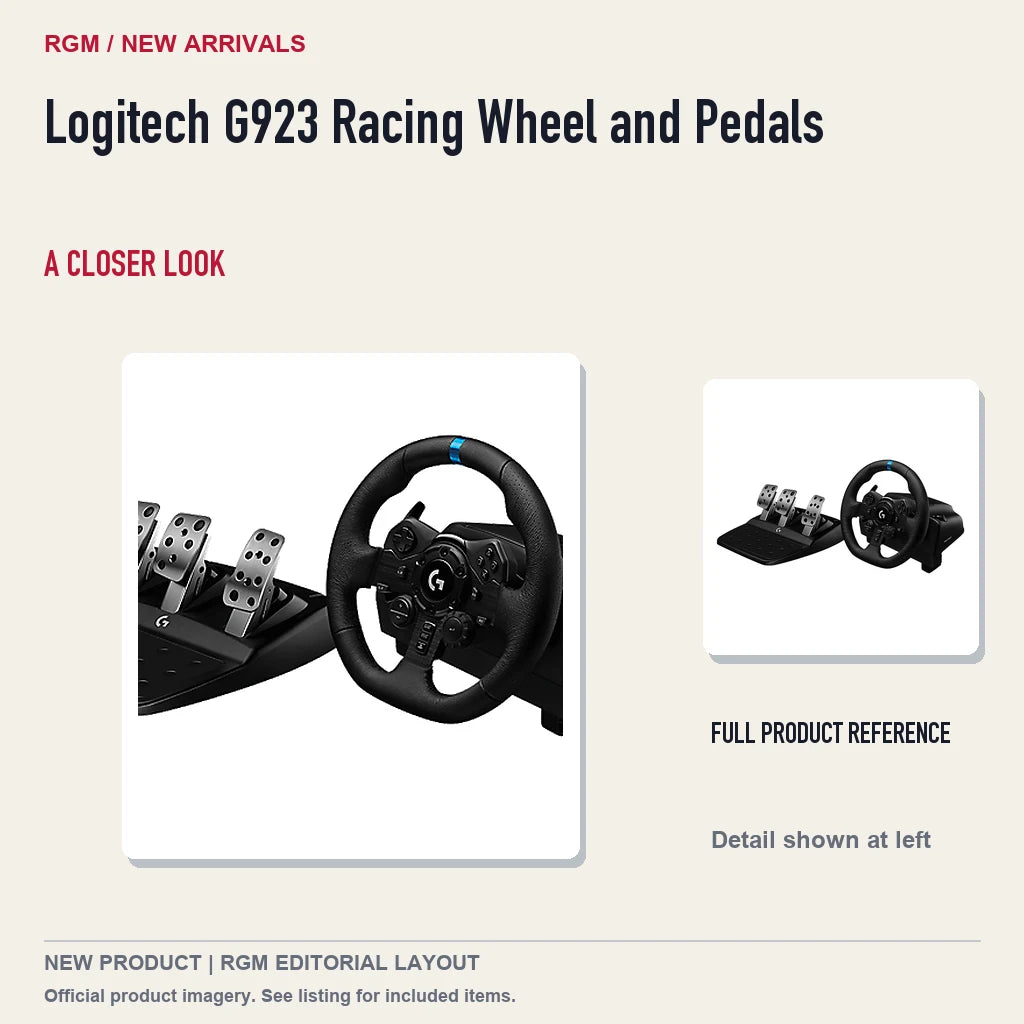 Logitech G923 Racing Wheel and Pedals, full product reference with detail crop.