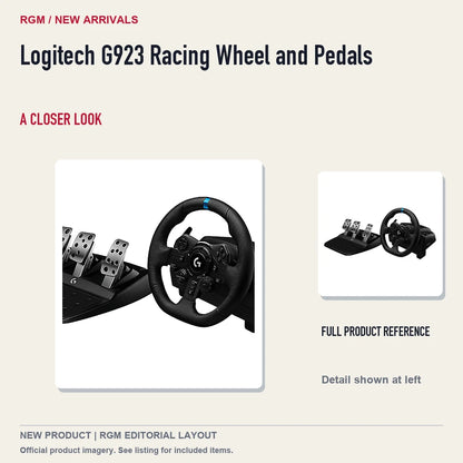 Logitech G923 Racing Wheel and Pedals, full product reference with detail crop.