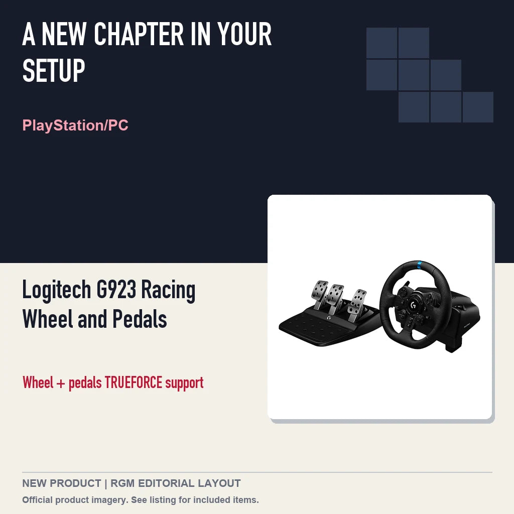 Logitech G923 Racing Wheel and Pedals, editorial gaming setup layout.