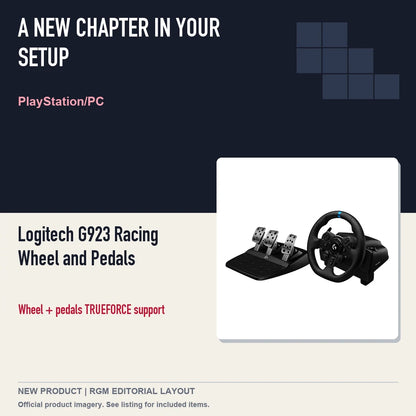 Logitech G923 Racing Wheel and Pedals, editorial gaming setup layout.