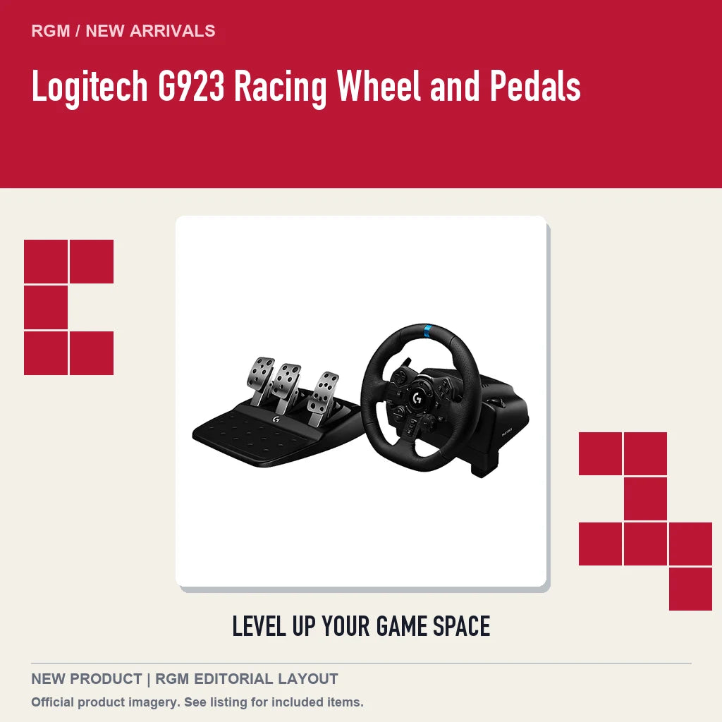 Logitech G923 Racing Wheel and Pedals, retro pixel product showcase.