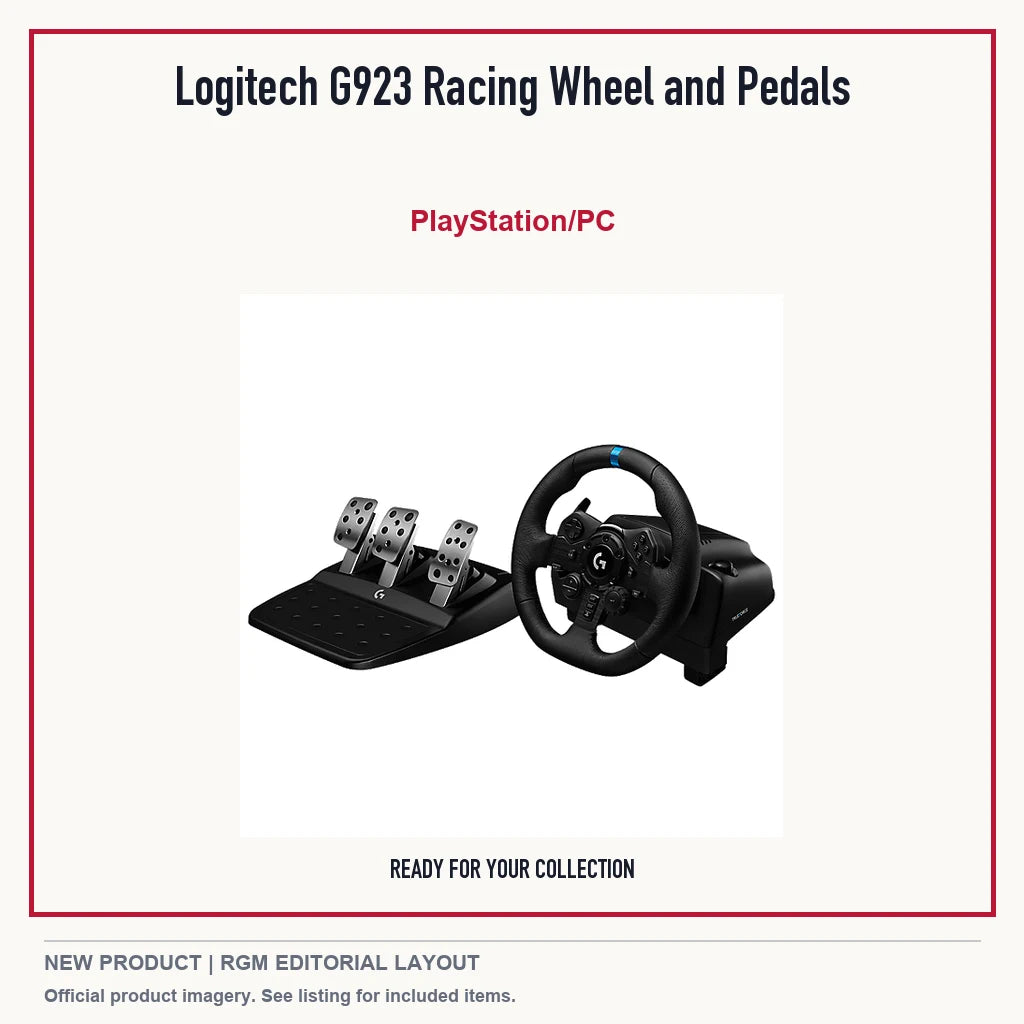 Logitech G923 Racing Wheel and Pedals, minimal product presentation.