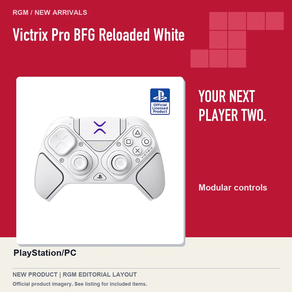 Victrix Pro BFG Reloaded White, red editorial product layout.