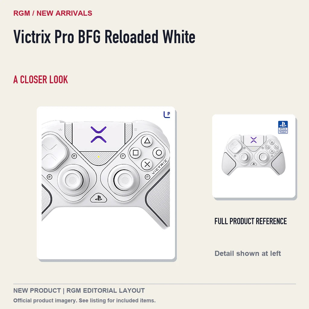 Victrix Pro BFG Reloaded White, full product reference with detail crop.
