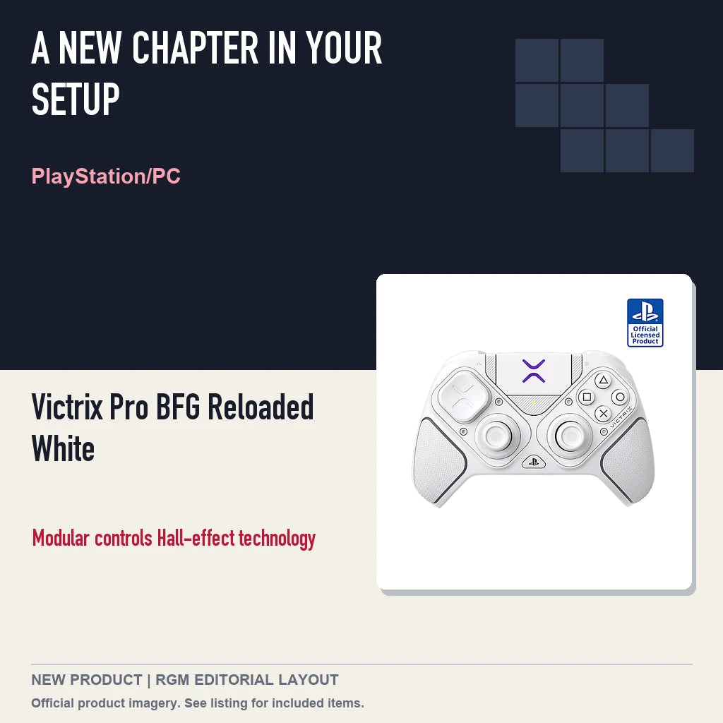 Victrix Pro BFG Reloaded White, editorial gaming setup layout.