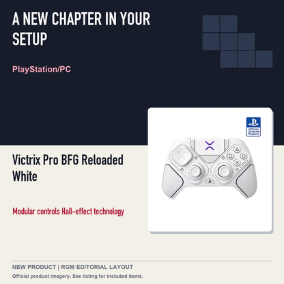 Victrix Pro BFG Reloaded White, editorial gaming setup layout.