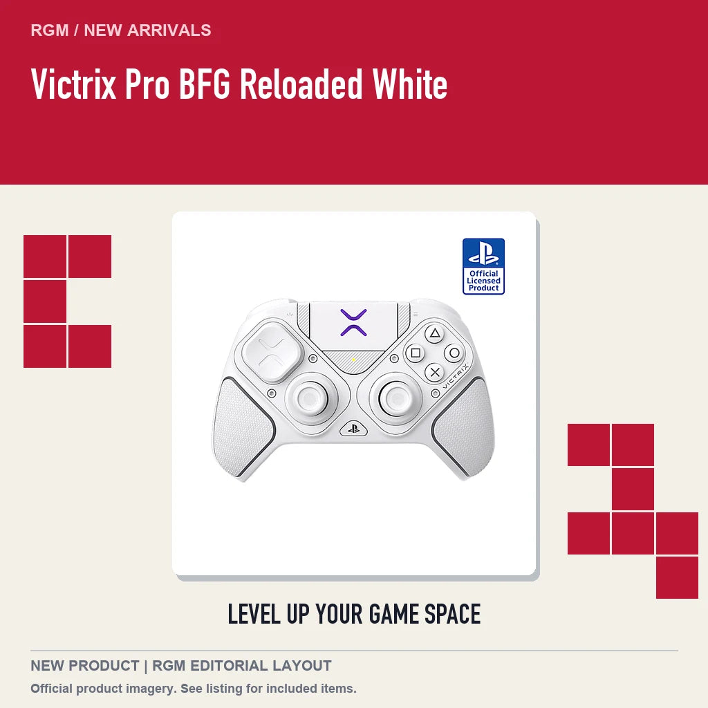 Victrix Pro BFG Reloaded White, retro pixel product showcase.