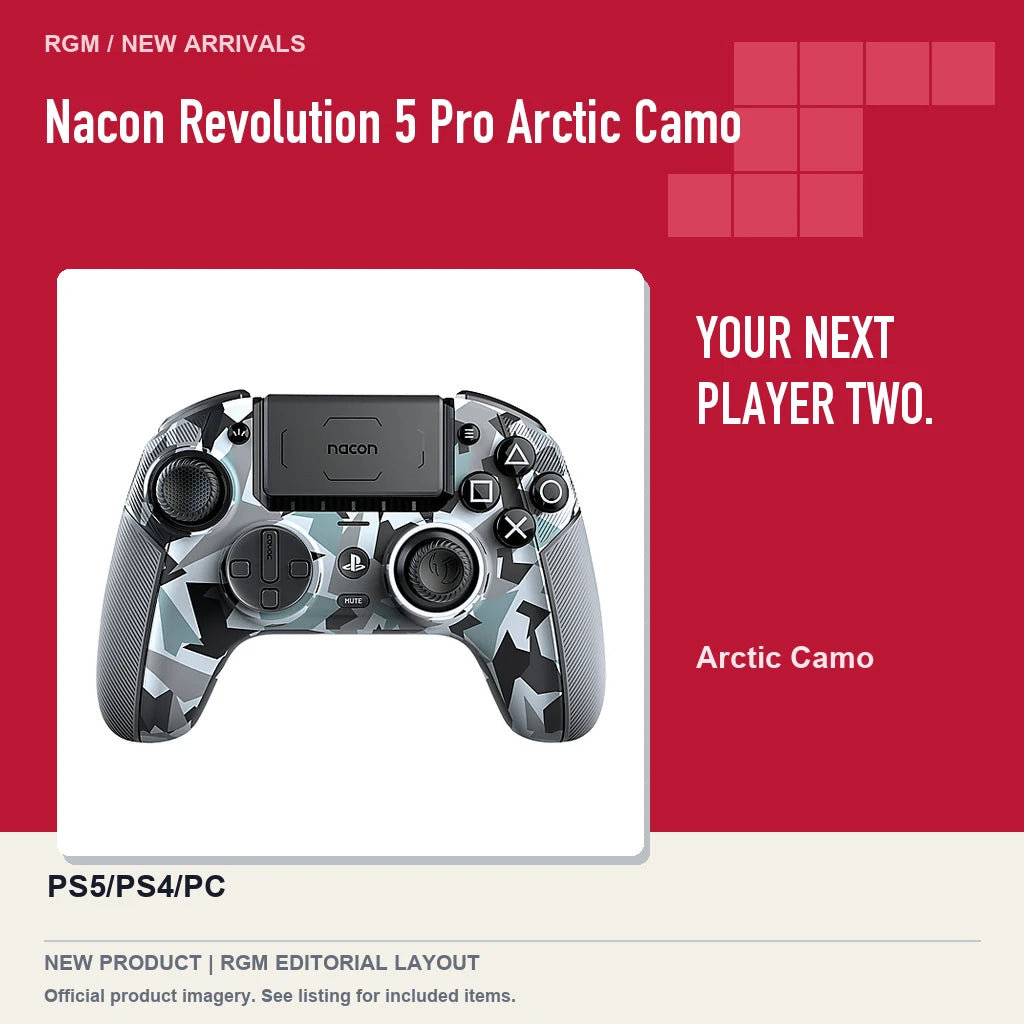 Nacon Revolution 5 Pro Arctic Camo, red editorial product layout.